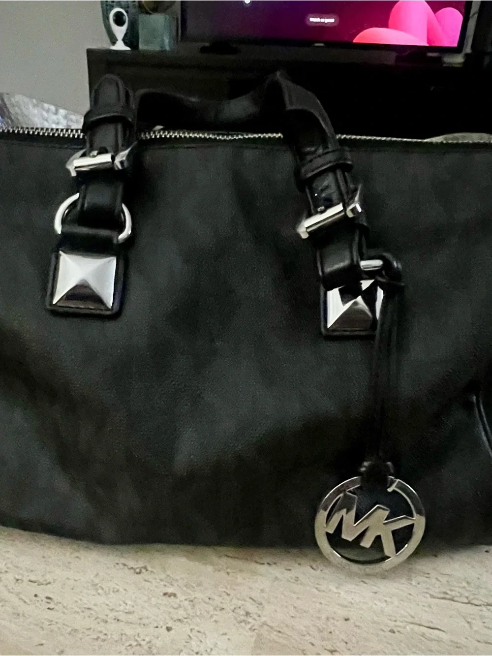 Michael Kors Black Leather Satchel with MK Logo Charm